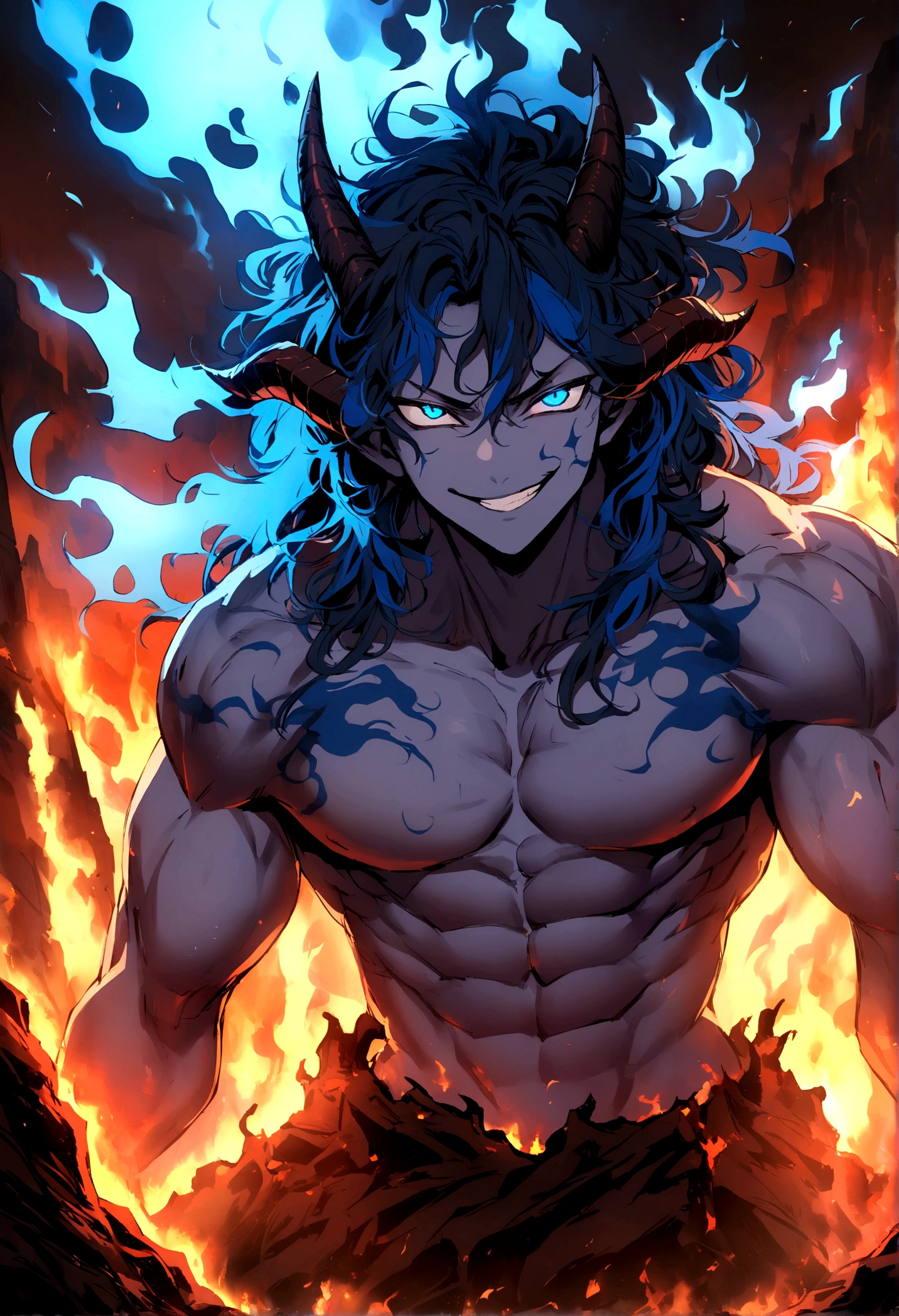 boy, light red skin, horns curved forward, Messy hair, long hair, multicolored black and blue hair, shining blue eyes, muscular chest with blue tattoos, evil grin, blue flame aura around the character, scenery in a burning hell