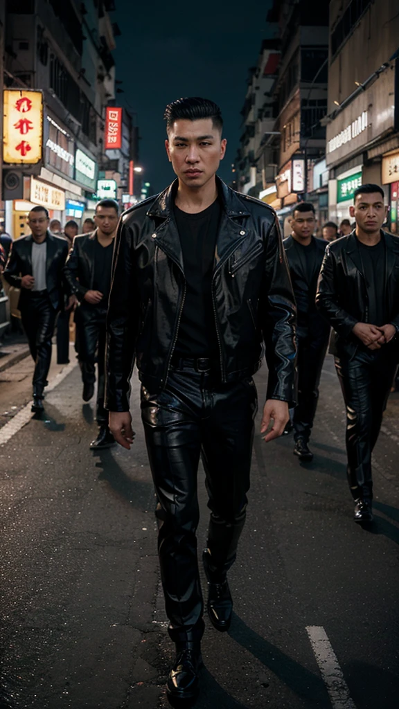 A handsome Hong Kong mafia boss is walking coolly with a gang of mafia, wearing a shiny black leather jacket, Undercut hair is combed neatly, night road background, real photo, professional photo, clear photo, realistic photo, full HD, 4k