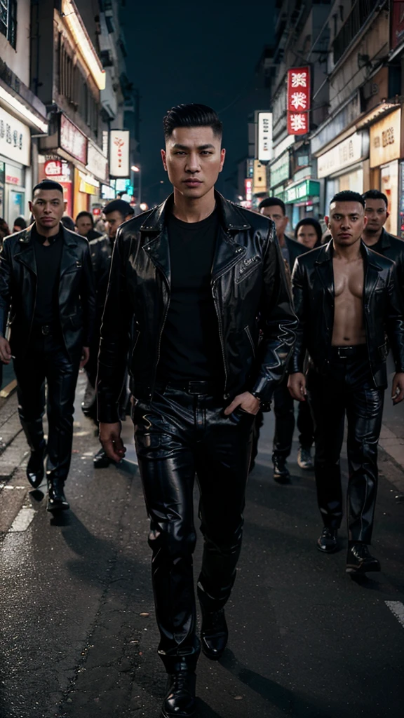 A handsome Hong Kong mafia boss is walking coolly with a gang of mafia, wearing a shiny black leather jacket, Undercut hair is combed neatly, night road background, real photo, professional photo, clear photo, realistic photo, full HD, 4k