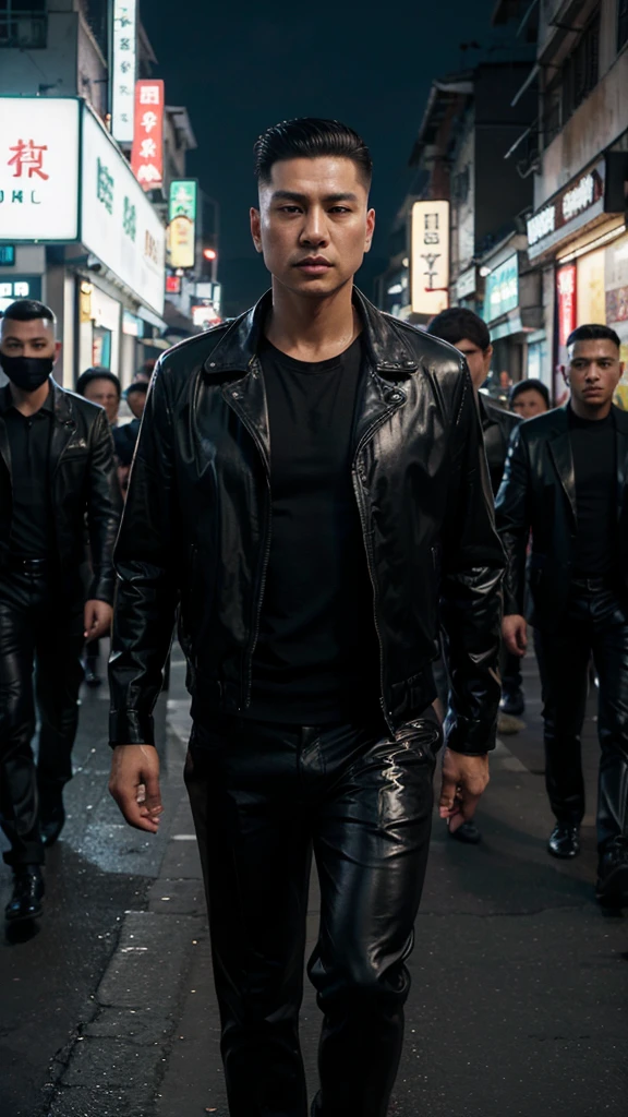 A handsome Hong Kong mafia boss is walking coolly with a gang of mafia, wearing a shiny black leather jacket, Undercut hair is combed neatly, night road background, real photo, professional photo, clear photo, realistic photo, full HD, 4k 