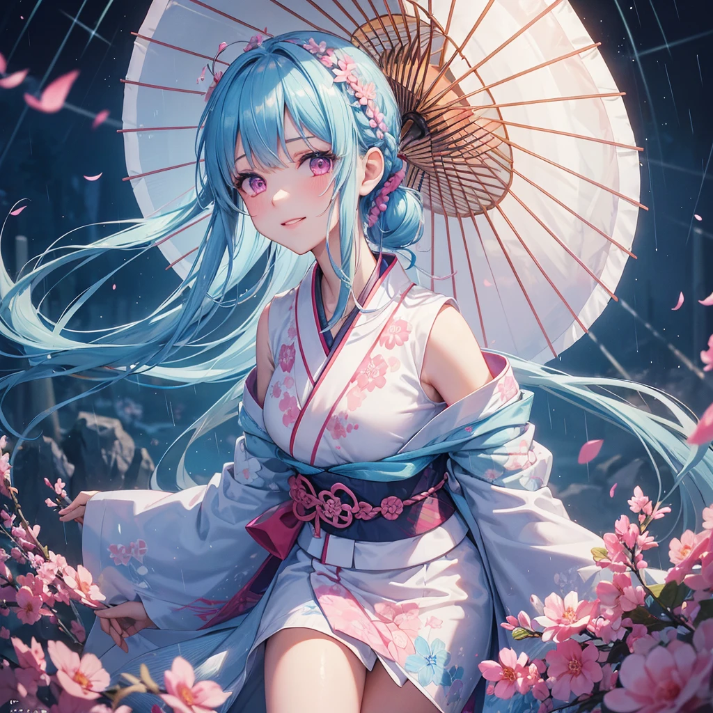 sky Blue hair, (braided ponytail),(pink eyes),fair skin ,(full body),(1 girl),smile,Straight Bangs,(masterpiece, best quality, ultra-detailed, best shadow), (detailed background), (beautiful detailed face), high contrast, (best illumination, an extremely delicate and beautiful), ((cinematic light)), colorful, hyper detail, dramatic light, intricate details,rain shower,kyoto,Japanese Umbrella,kimono,