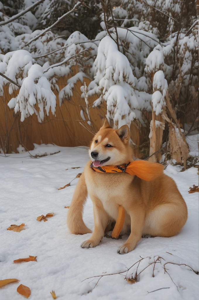 a Shiba Inu dog, adorned with a warm, orange scarf, sitting amidst a snowy environment. The dog appears to be enjoying the snowfall, with its eyes closed and a content expression on its face. Surrounding the dog are various objects, including a pot with a lid, some wooden utensils, and scattered autumn leaves. The overall ambiance of the image is serene and cozy, capturing the essence of a peaceful autumn day.