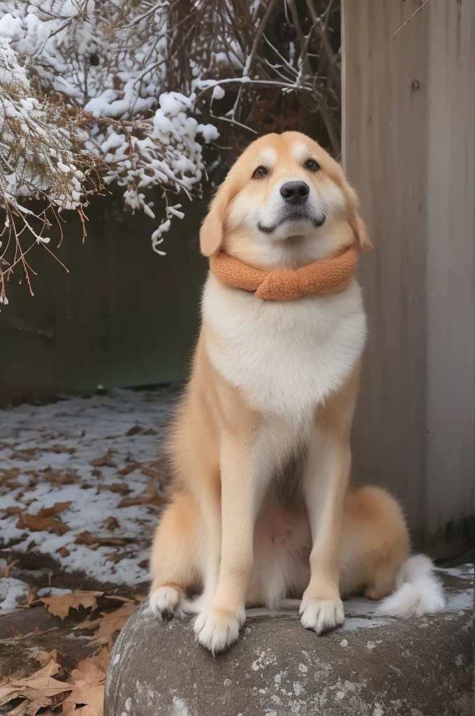 a Shiba Inu dog, adorned with a warm, orange scarf, sitting amidst a snowy environment. The dog appears to be enjoying the snowfall, with its eyes closed and a content expression on its face. Surrounding the dog are various objects, including a pot with a lid, some wooden utensils, and scattered autumn leaves. The overall ambiance of the image is serene and cozy, capturing the essence of a peaceful autumn day.
