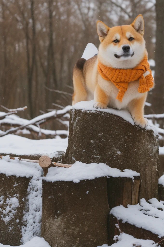 a Shiba Inu dog, adorned with a warm, orange scarf, sitting amidst a snowy environment. The dog appears to be enjoying the snowfall, with its eyes closed and a content expression on its face. Surrounding the dog are various objects, including a pot with a lid, some wooden utensils, and scattered autumn leaves. The overall ambiance of the image is serene and cozy, capturing the essence of a peaceful autumn day.
