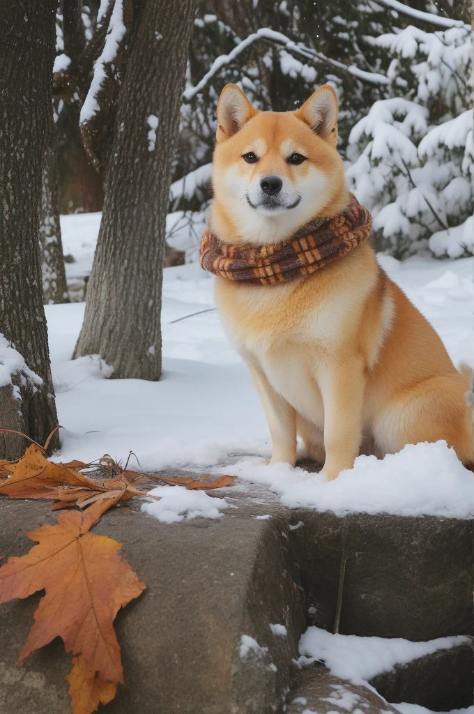 a Shiba Inu dog, adorned with a warm, orange scarf, sitting amidst a snowy environment. The dog appears to be enjoying the snowfall, with its eyes closed and a content expression on its face. Surrounding the dog are various objects, including a pot with a lid, some wooden utensils, and scattered autumn leaves. The overall ambiance of the image is serene and cozy, capturing the essence of a peaceful autumn day.