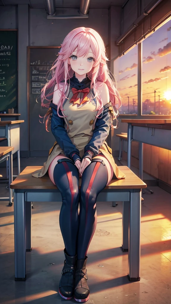 Sit at a desk，classroom，sunset，boots，high resolution，Overall image，