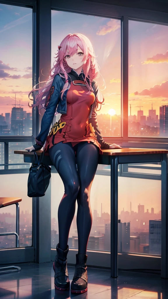 Sit at a desk，classroom，sunset，boots，high resolution，Overall image，