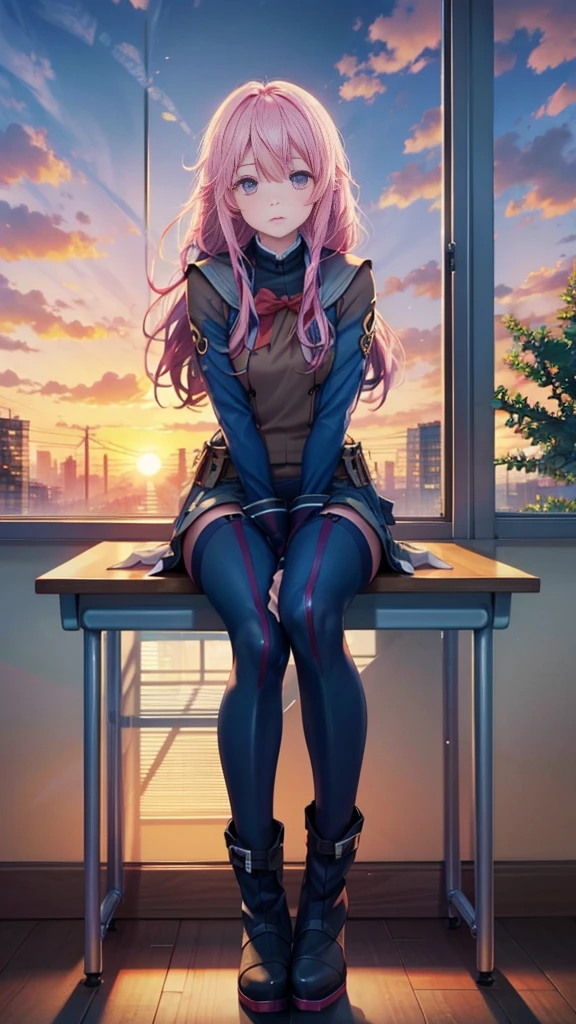 Sit at a desk，classroom，sunset，boots，high resolution，Overall image，