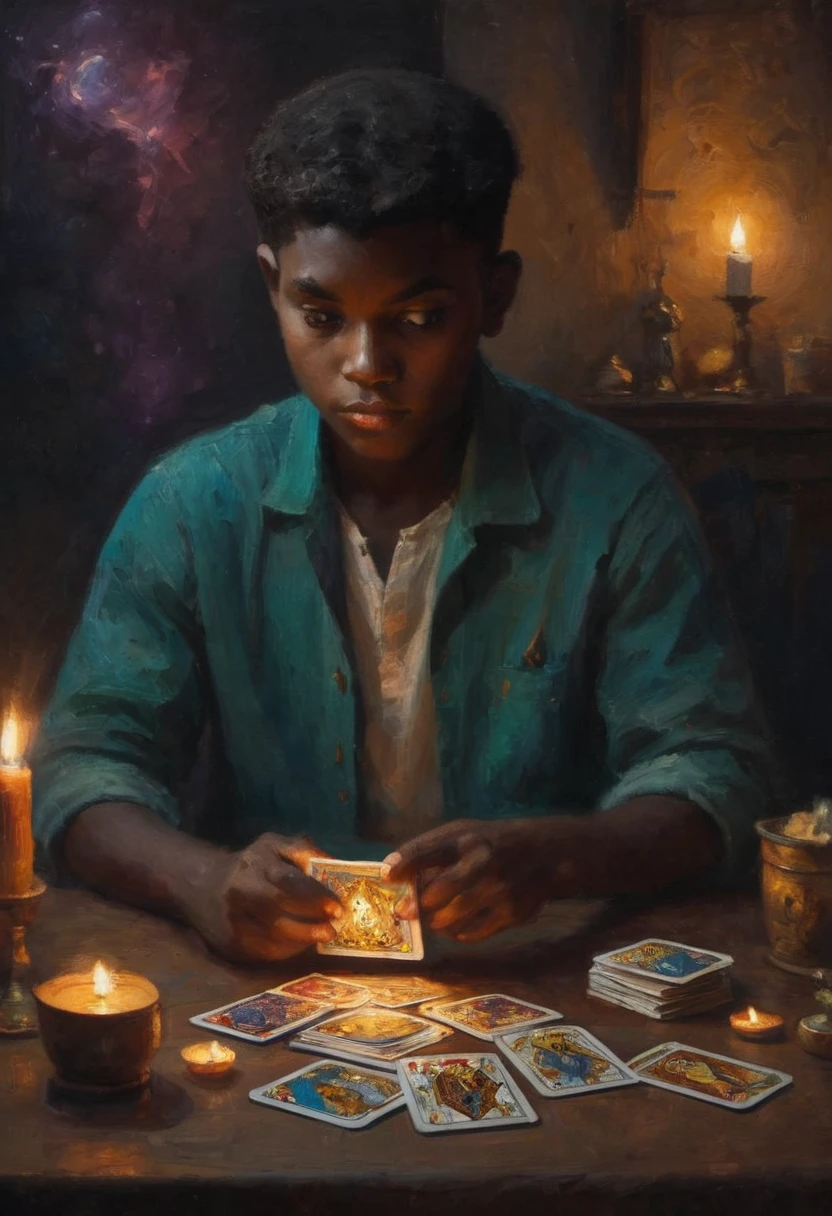 Impressionism, Practical, 1 boy, fortune teller, Tarot cards on the table, Looking at the audience, Dark Skin, mystery, magic, glow, glowing, dark magic lighting, Moody, Movie, spark, sparkling, dark