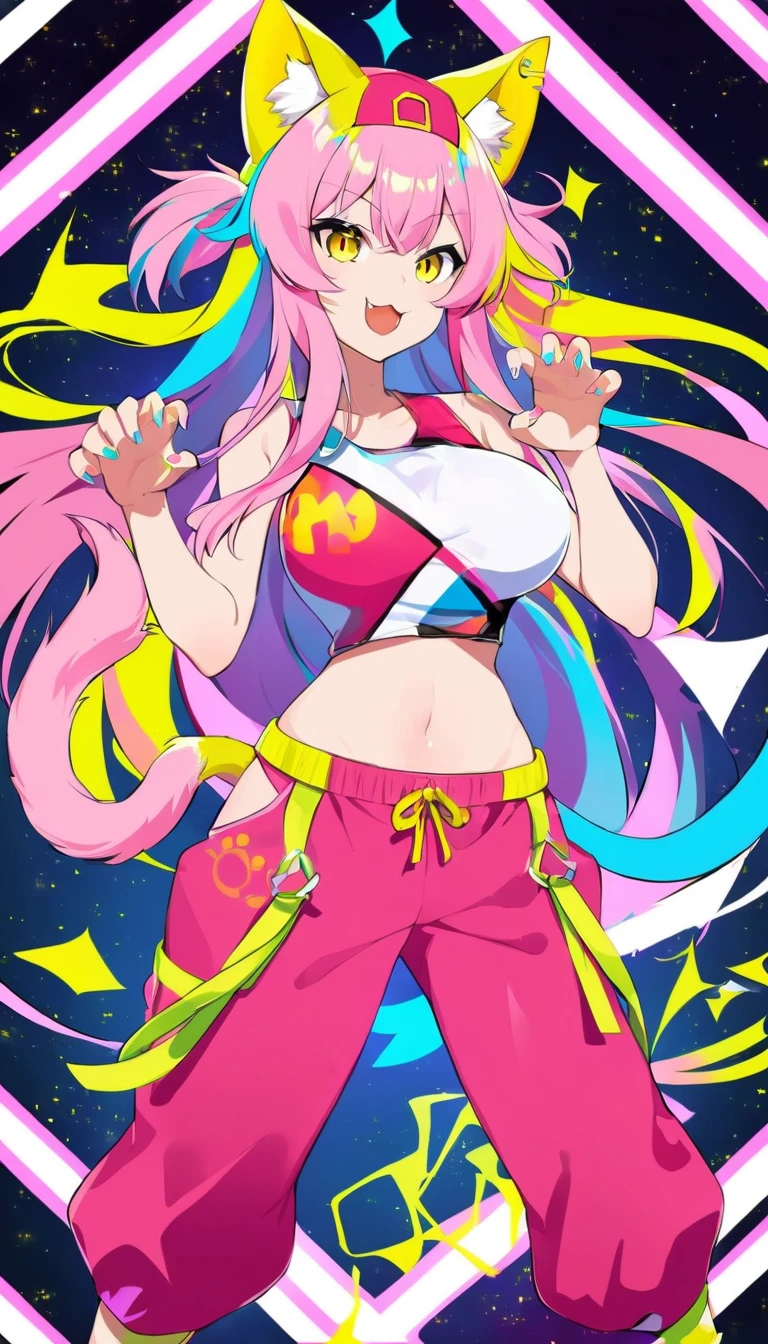 anime style girl with long pink hair doing a hip hop dance, 1girl, solo, pink hair, breasts, tail, animal ears, long hair, yellow eyes, multicolored hair, cat tail, claw pose, hat, virtual youtuber, cat ears