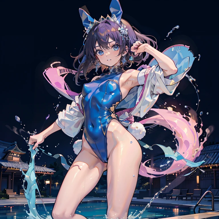 maximum quality、extremely delicate and beautiful、I am、I am、a 14 year old、Japanese、Chiquita、a high school student、A brunette、Canine ears、far away、((blue leotard costume))、(leg high)、tiara on head、a smirk、standing、facing the front、The background is a resort pool、Represents the entire body、gravure