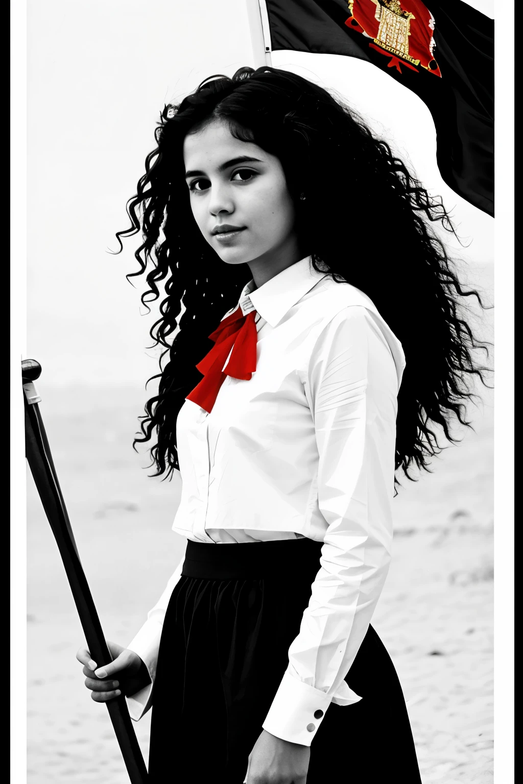 a black and white drawing of a girl with curly hair holding a flag of Peru in her hands