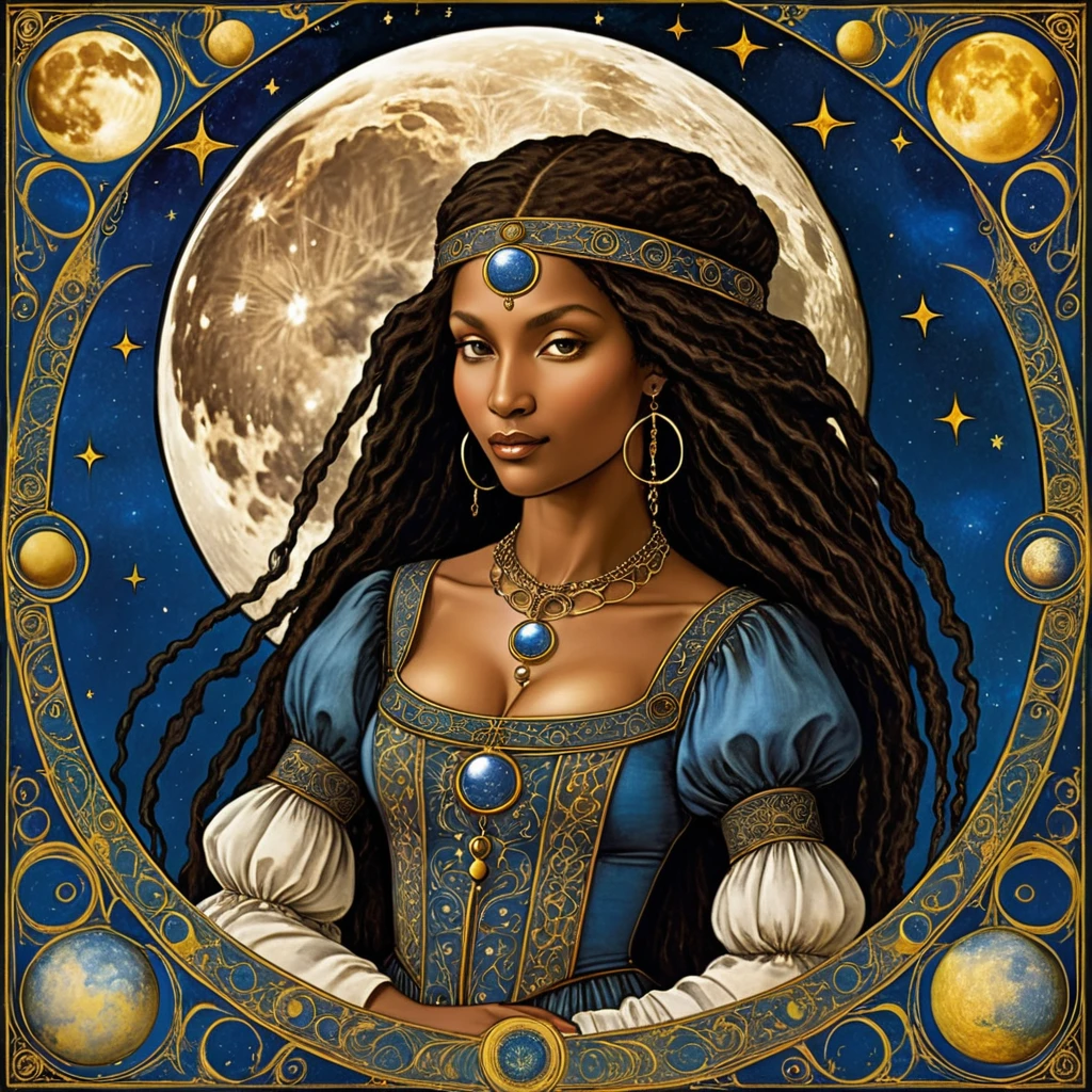  imageio "Tarot Card: the moon" (imageio feita por leonardo da vinci) (black ethnicity) Renaissance style