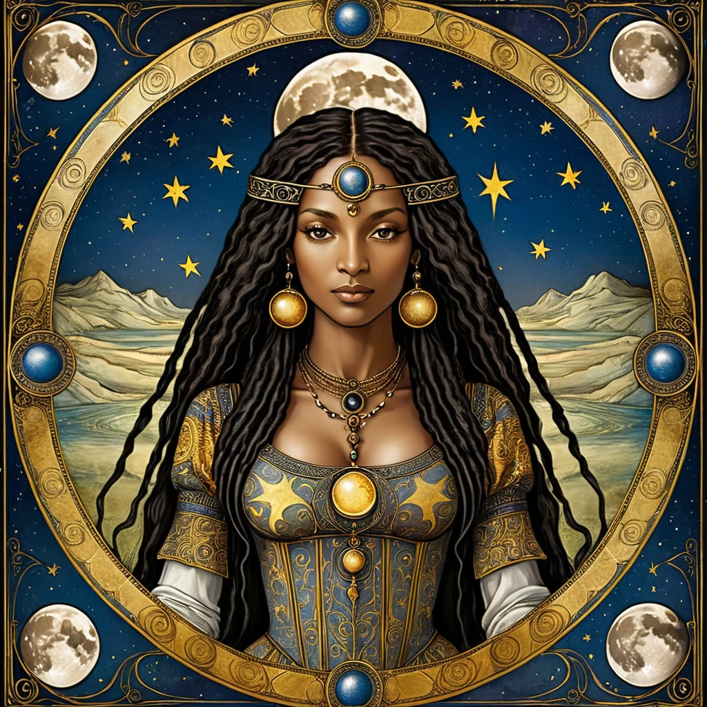  imageio "Tarot Card: the moon" (imageio feita por leonardo da vinci) (black ethnicity) Renaissance style