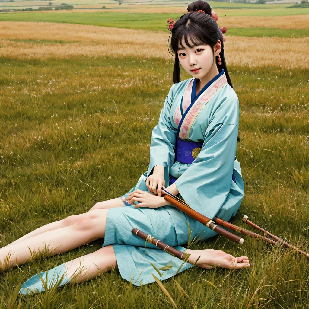 Korean girl, solo, Joseon Era, 18y, grass field, naked, big pubic hair, medium breasts, delicate, ultra feminine, youth, flute