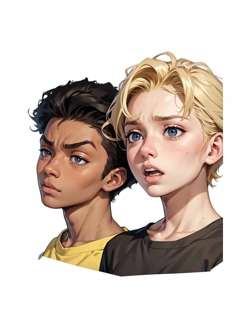 image of the faces of two teenagers, a 15-year-old black man and a 15-year-old blonde, an expression of temptation with their mouths open Facial expression of tension anger