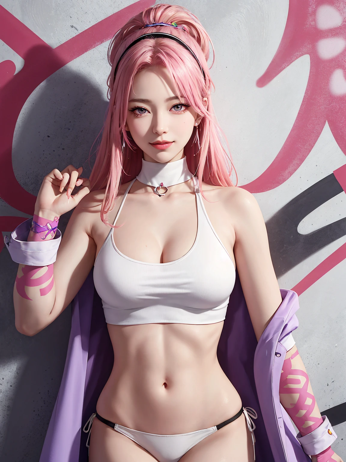 (Masterpiece, best quality, 1 girl, alone, complicated details, Chromatic aberration), realistic, ((Moderate breath)),long hair, pink hair, Red headpiece, Pink Highlights, hair on one eye,purple eyes, earring, sharp eyes, choker, Neon coat, She wears a collar, bangle, and kimono style garters., crop top, (symmetrical eyes),(Perfect symmetrical body),against the wall, Brick wall, (colorful graffiti words on the wall:1.2), The light is dim., alley ,Look at the viewer.、Dig the chest、smile、(sleeveless、Navel touch、Fitted turtleneck.)、street string hot pants、Thin bottom、Please build above the eaves..、Thin shoulders、in underwear、in sportbar、