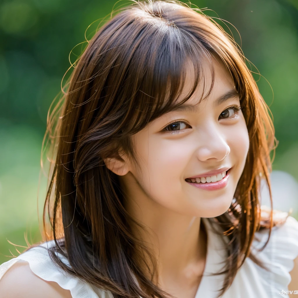 (RAW photo, best quality), (realistic),photo, best quality ,masterpiece, an extremely delicate and beautiful, extremely detailed, CG ,unity, 2k wallpaper, finely detail, masterpiece, best quality, huge filesize, ultra-detailed, highres, brown eyes, 1girl, solo, slim body, looking at viewer, extremely detailed face, extremely detailed eyes, rainy, breasts, nature, looking at viewer, tied hair, bangs, brown hair, ((grin)), chewy, tzuyu, 