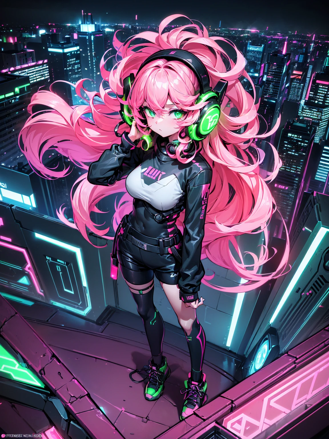 masterpiece:1.4, 1girl ((20year old, dressed in long sleeve shirt, tight black shorts, sneakers, medium breasts, multicolor pink hair, curly long hair, green eyes:1.4, Wearing headphones, standing on a balcony looking out at city:1.1 sci-fi skyline in background:1.1, neon and energetic atmosphere:1.2)) ((nighttime) ((wide camera angle, top view)) ((solo:1.6))