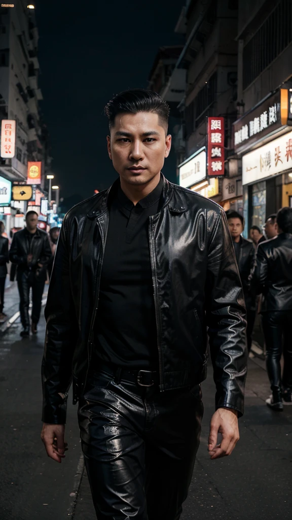 A handsome Hong Kong mafia boss is walking coolly with a gang of mafia, wearing a shiny black leather jacket, Undercut hair is combed neatly, night road background, real photo, professional photo, clear photo, realistic photo, full HD, 4k 