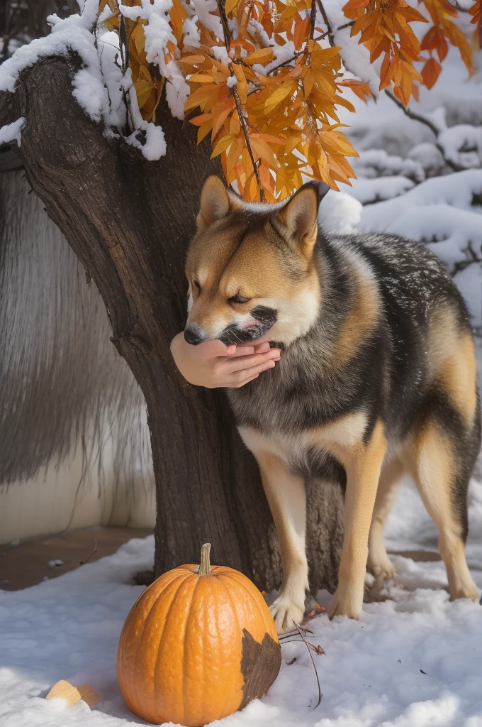 a Shiba Inu dog, adorned with a warm, orange scarf, sitting amidst a snowy environment. The dog appears to be enjoying the snowfall, with its eyes closed and a content expression on its face. Surrounding the dog are various objects, including a pot with a lid, some wooden utensils, and scattered autumn leaves. The overall ambiance of the image is serene and cozy, capturing the essence of a peaceful autumn day.
