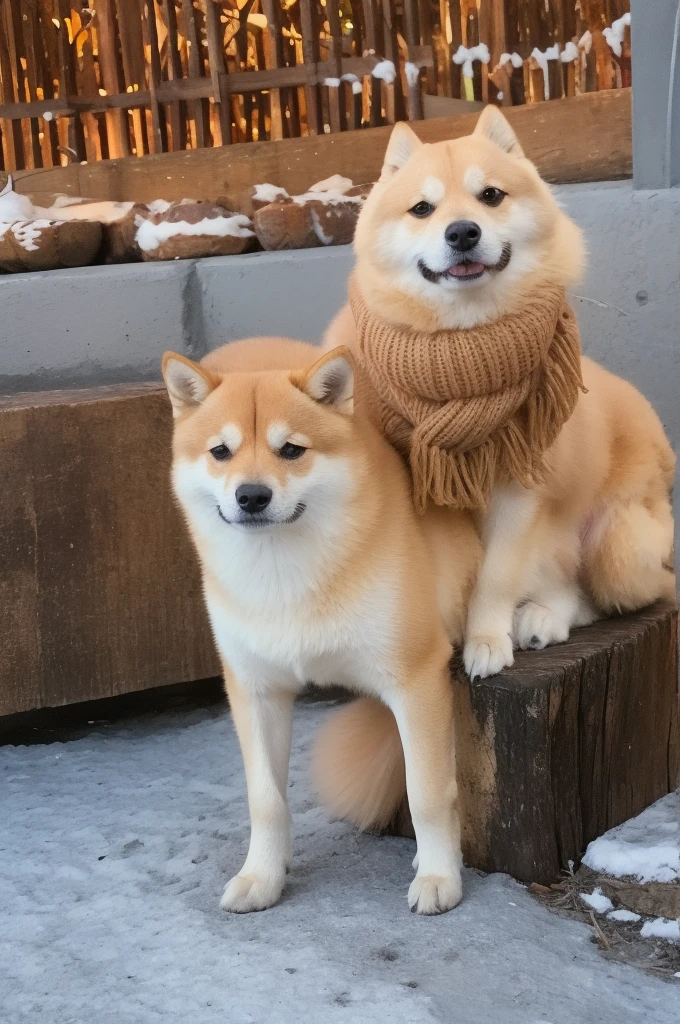 a Shiba Inu dog, adorned with a warm, orange scarf, sitting amidst a snowy environment. The dog appears to be enjoying the snowfall, with its eyes closed and a content expression on its face. Surrounding the dog are various objects, including a pot with a lid, some wooden utensils, and scattered autumn leaves. The overall ambiance of the image is serene and cozy, capturing the essence of a peaceful autumn day.
