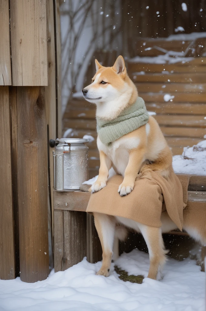 a Shiba Inu dog, adorned with a warm, orange scarf, sitting amidst a snowy environment. The dog appears to be enjoying the snowfall, with its eyes closed and a content expression on its face. Surrounding the dog are various objects, including a pot with a lid, some wooden utensils, and scattered autumn leaves. The overall ambiance of the image is serene and cozy, capturing the essence of a peaceful autumn day.
