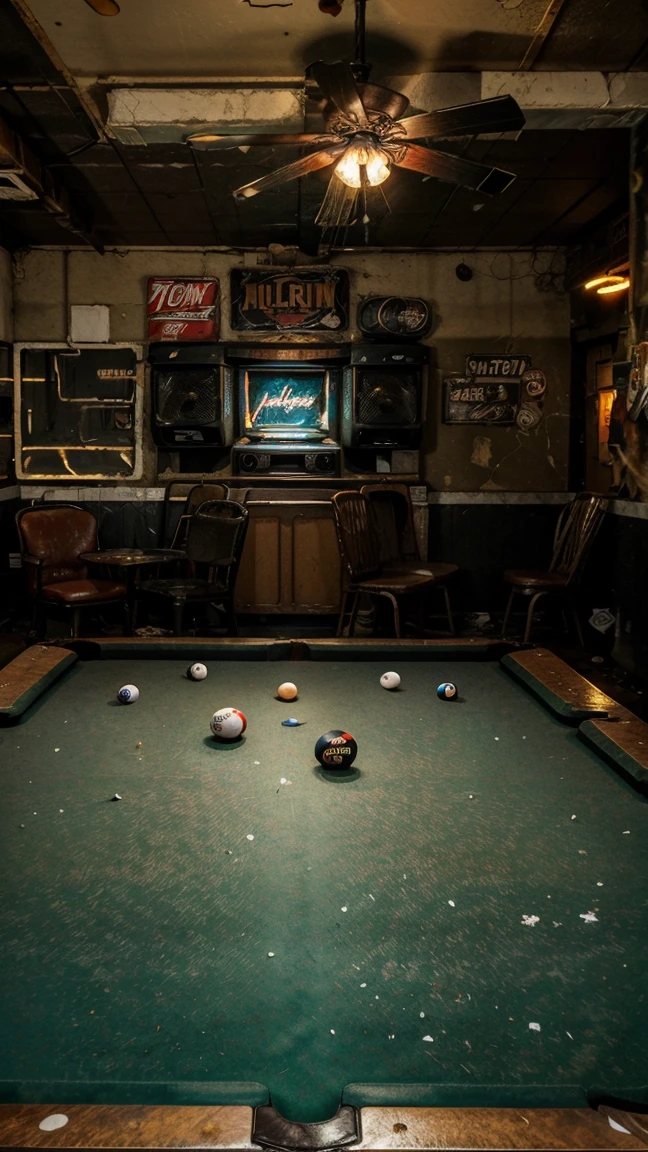 Forgotten game room, a pool table with a torn mat and scattered balls, a rusty old jukebox, bar chairs with torn cushions, walls decorated with faded and torn posters, ground covered in ashes and remains of broken glass, unlit neon lights hanging from the ceiling