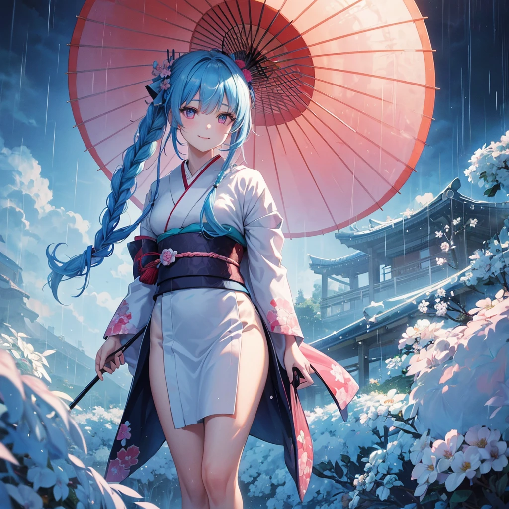 sky Blue hair, (braided ponytail),(pink eyes),fair skin ,(full body),(1 girl),smile,Straight Bangs,(masterpiece, best quality, ultra-detailed, best shadow), (detailed background), (beautiful detailed face), high contrast, (best illumination, an extremely delicate and beautiful), ((cinematic light)), colorful, hyper detail, dramatic light, intricate details,rain shower,kyoto,Japanese Umbrella,kimono,