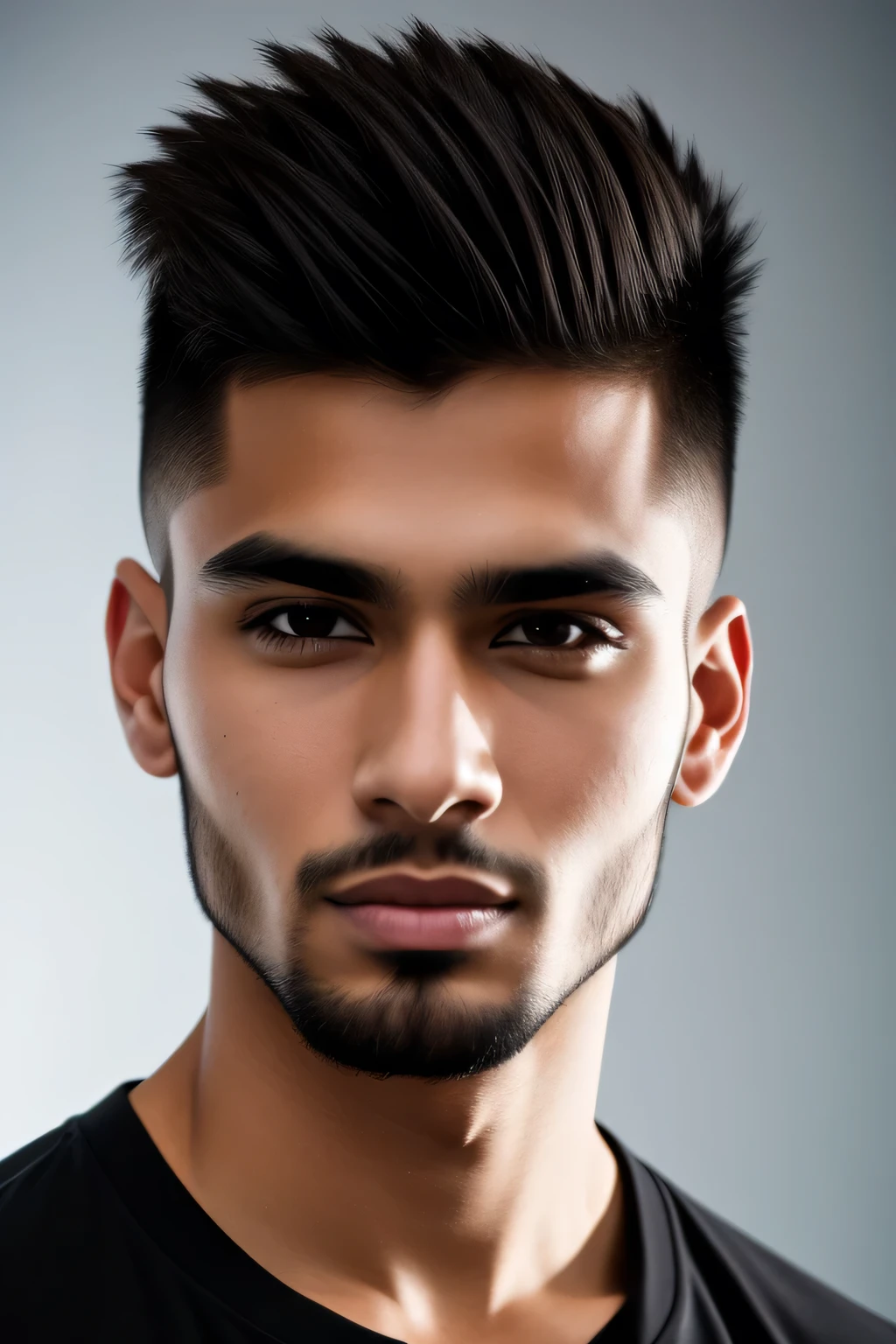 Capture a head and shoulder studio portrait of a 25-year-old young man from Indian ethnicity with a serious expression, wearing a short and spiky hairstyle, dressed in a casual outfit, standing in a relaxed pose, against a dark grey background, lit by two lights - a key light with a softbox and a hair light to highlight his hair, using a 50mm prime lens on a full-frame mirrorless camera, 4K, analog style, modelshoot style, (photo-realistic), ultra realistic, photography, real photo, (realistic skin texture), (skin pores), (sharp focus), (film grain), high-res, hyper-realistic, (insanely detailed), intricate detailed, masterpiece, (clear facial features)