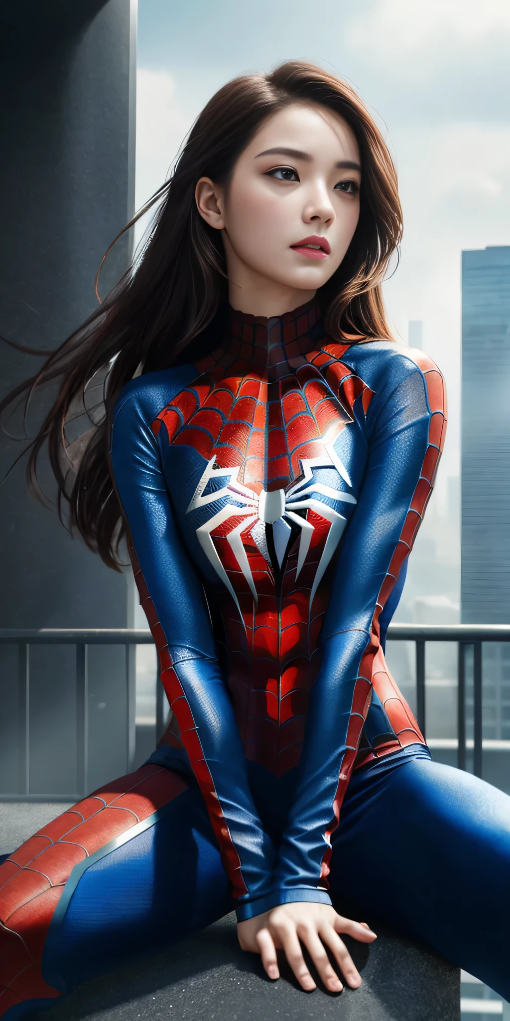 (1girl:1.3), Solo, (((Very detailed face)))), ((Very detailed eyes and face)))), Beautiful detail eyes, Body parts__, Official art, Unified 8k wallpaper, Super detailed, beautiful and beautiful, beautiful, masterpiece, best quality, original, masterpiece, super fine photo, best quality, super high resolution, realistic realism, sunlight, full body portrait, amazing beauty, dynamic pose, delicate face, vibrant eyes, (from the front), She wears Spider-Man suit, red and black color scheme, spider, very detailed city roof background, rooftop, overlooking the city, detailed face, detailed complex busy background, messy, gorgeous, milky white, highly detailed skin, realistic skin details, visible pores, clear focus, volumetric fog, 8k uhd, DSLR, high quality, film grain, fair skin, photo realism, lomography, futuristic dystopian megalopolis, translucent