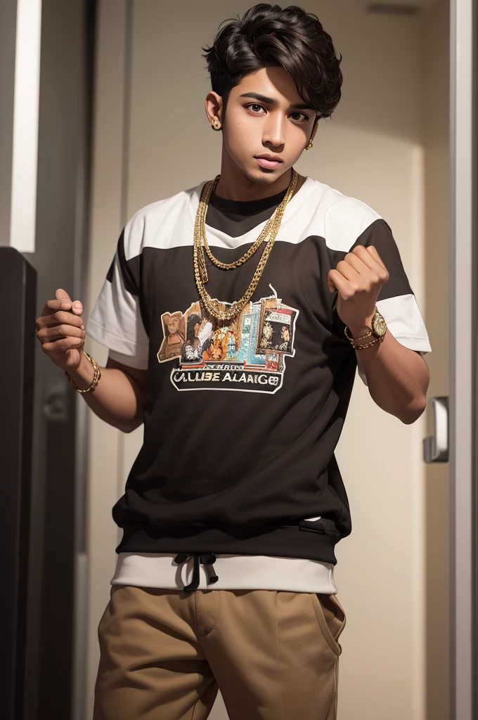Brown boy in rapper outfit, image 100% 真实感, PICTURE REALISTIC