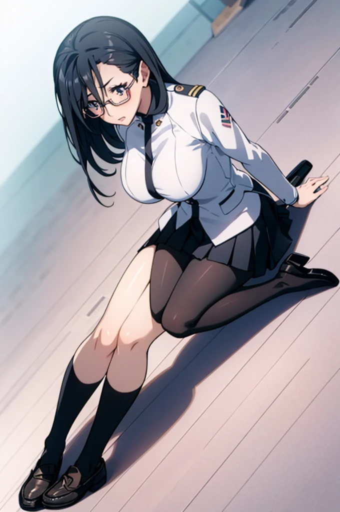 1 Japanese girl, Glasses, Sitting, (showing off black loafers:1.2), Angle from below, Side angle, blush, (The body is slim:1.2), (Huge breasts:1.1), (Long legs:1.1), Black Hair, short hair, , White long sleeve shirt, Pleated skirt, (black tights:1.1),