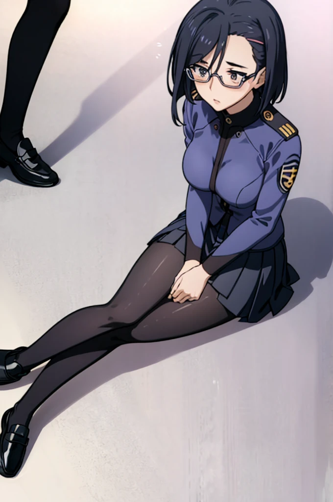 1 Japanese girl, Glasses, Sitting, (showing off black loafers:1.2), Angle from below, Side angle, blush, (The body is slim:1.2), (Huge breasts:1.1), (Long legs:1.1), Black Hair, short hair, , White long sleeve shirt, Pleated skirt, (black tights:1.1),