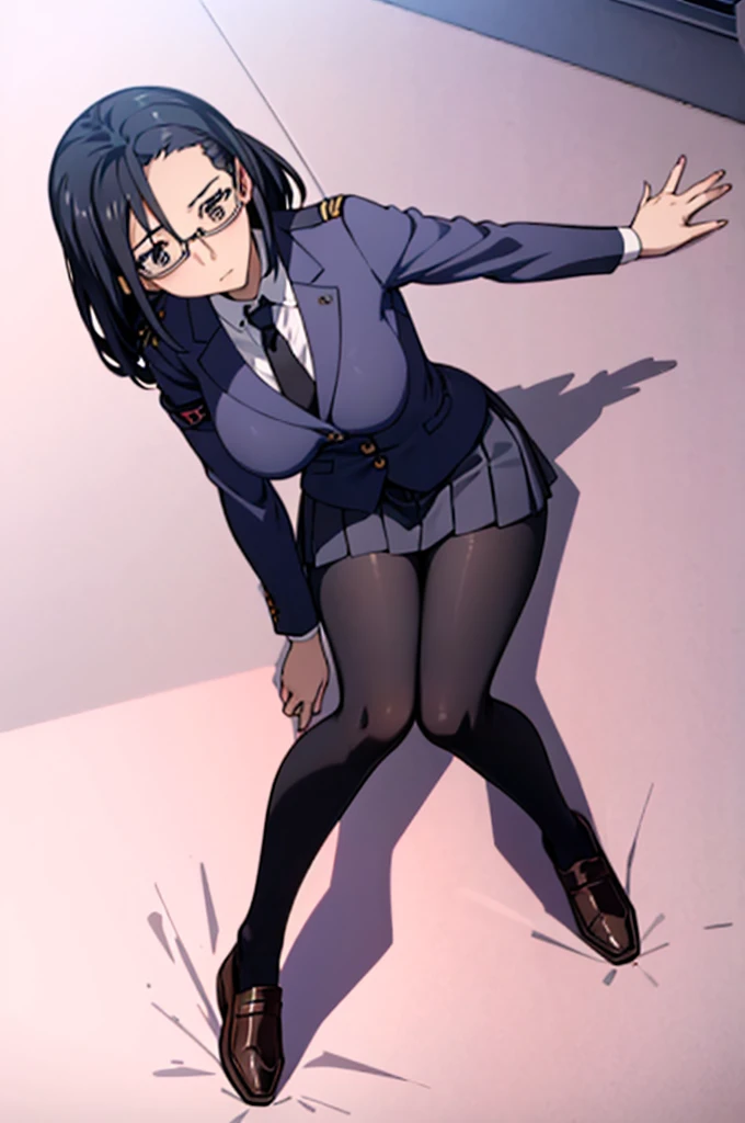 1 Japanese girl, Glasses, Sitting, (showing off black loafers:1.2), Angle from below, Side angle, blush, (The body is slim:1.2), (Huge breasts:1.1), (Long legs:1.1), Black Hair, short hair, , White long sleeve shirt, Pleated skirt, (black tights:1.1),