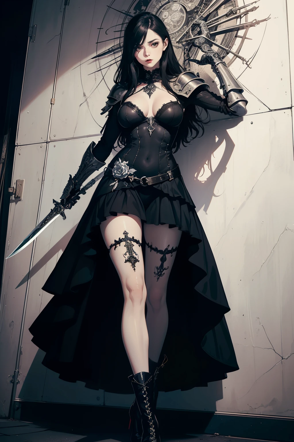 ((Finest quality)),(超A high resolution),(ultra-detailliert),(Meticulous portrayal),((Best Anime)),(Finest works of art),(Ultra-Precision Art),(The art of astounding depiction,Overwhelming depiction:1.5),(intricate and detailed art:1.6), (adult woman:1.5),(Hanging:1.6),Staring at this:1.4,sneering:1.5,(Armor shaped like a skeleton:1.3), (Black Flame:1.5), terrifying, nightmarish, cosmic horror, a heavenly female knight, biblical, very skinny, detailed, best quality, prominent collarbones, skinny arms, flat stomach, visible hip bones, dynamic poses, full body, red and white clothing, occult aesthetic, occult, detailed and intricate steampunk and detailed gothic, Fluttering lace flared long knee length dress with frilly petticoats, knee length dress, pleated petticoats, petticoats gothic, complex lace boots, gothic aesthetic, wielding a mighty sword with mechanical components, mandalas, full body, whole body, body, chains,