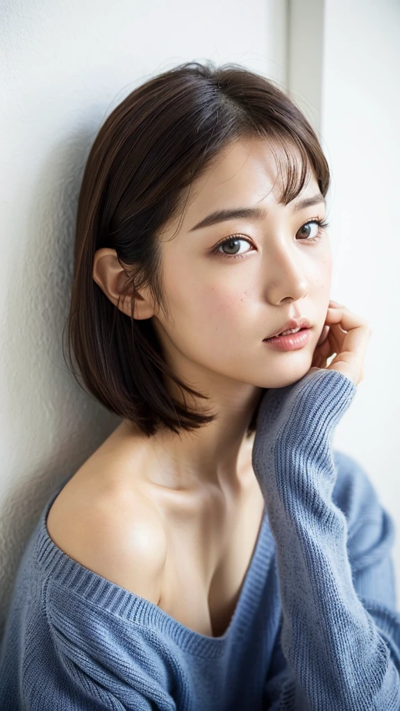 white wall、Taken in front of the white door、(A room with a white wall and a window)、shot in natural light、Highly detailed facial and skin textures、very delicate lips、The correct state of the human body、ultra high resolution、(Realism:1.4)、highest quality, 1 beautiful woman, 28 years old, s, 35mm lens、light blue knit、(Dark brown medium short hair cat)、A black-haired one、Japanese woman with bob、(Dark brown hair)、various postures、Don't look at the camera、contour、natural color lips、autumn clothes、winter clothes、 necklace