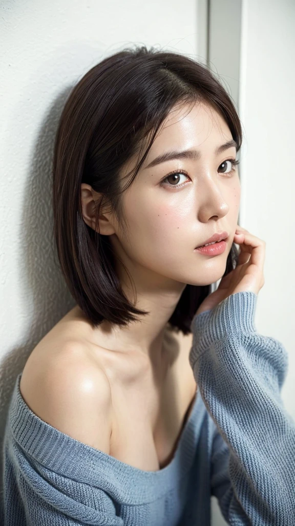 white wall、Taken in front of the white door、(A room with a white wall and a window)、shot in natural light、Highly detailed facial and skin textures、very delicate lips、The correct state of the human body、ultra high resolution、(Realism:1.4)、highest quality, 1 beautiful woman, 28 years old, s, 35mm lens、light blue knit、(Dark brown medium short hair cat)、A black-haired one、Japanese woman with bob、(Dark brown hair)、various postures、Don't look at the camera、contour、natural color lips、autumn clothes、winter clothes、 necklace