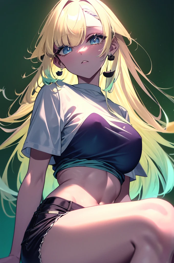 masterpiece,high resolution,Emma Aizawa（Vspo！）,Long Hair,Blonde,Emerald green hair tips,Earrings,Blue eyes,clear,White T-shirt,Large Breasts,See-through bra,Purple bra,Shorts,Big thighs,beautiful