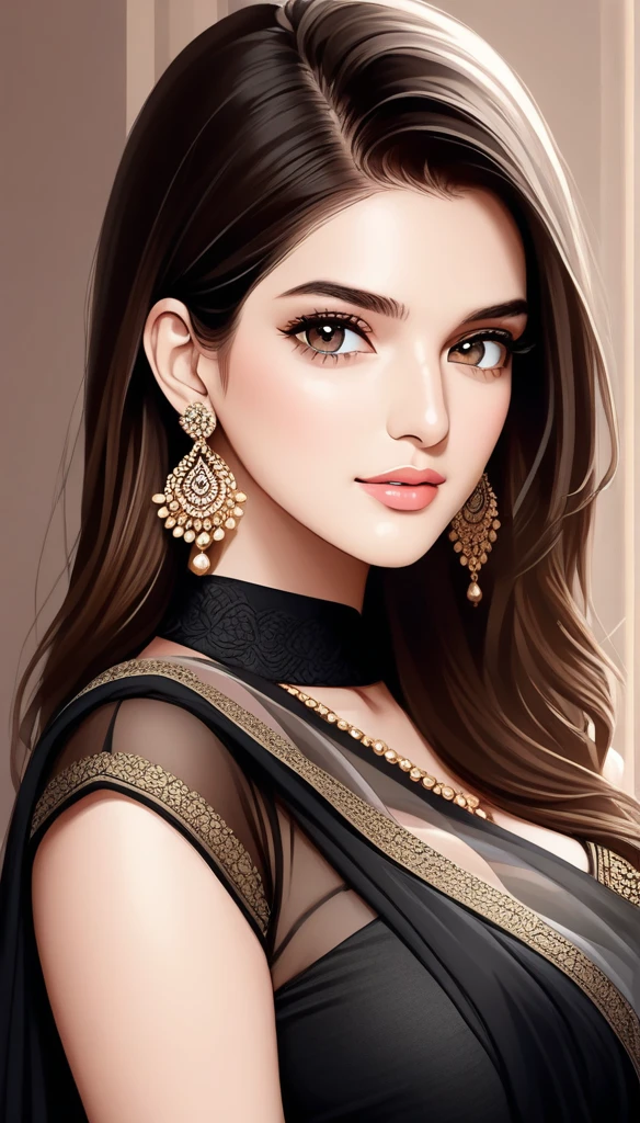 Kriti sanon wearing a beautiful saree,photorealistic, best quality, masterpiece, realistic, highres, absurdres, kr1t1 , ((vector)),Portrait of A stunning Indian woman, wearing transparent
black saree, Beautiful symmetric detailed eyes. Big breast, fit body.,big jhumka earrings