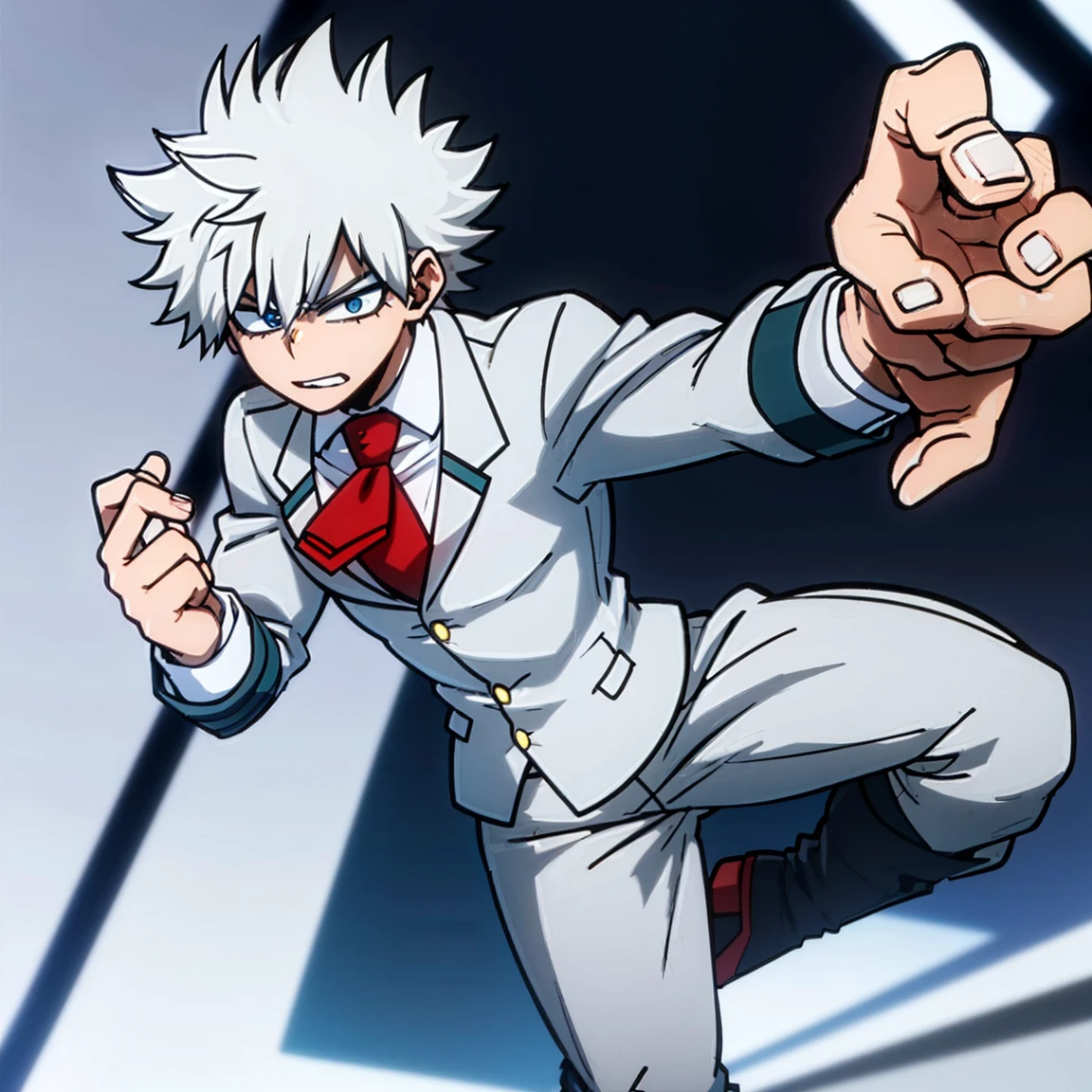 1boy, male focus, solo, muscular body, short hair, spiky hair, white hair, blue eyes, gray jacket, red tie, white shirt, teal pants, boots, handsome