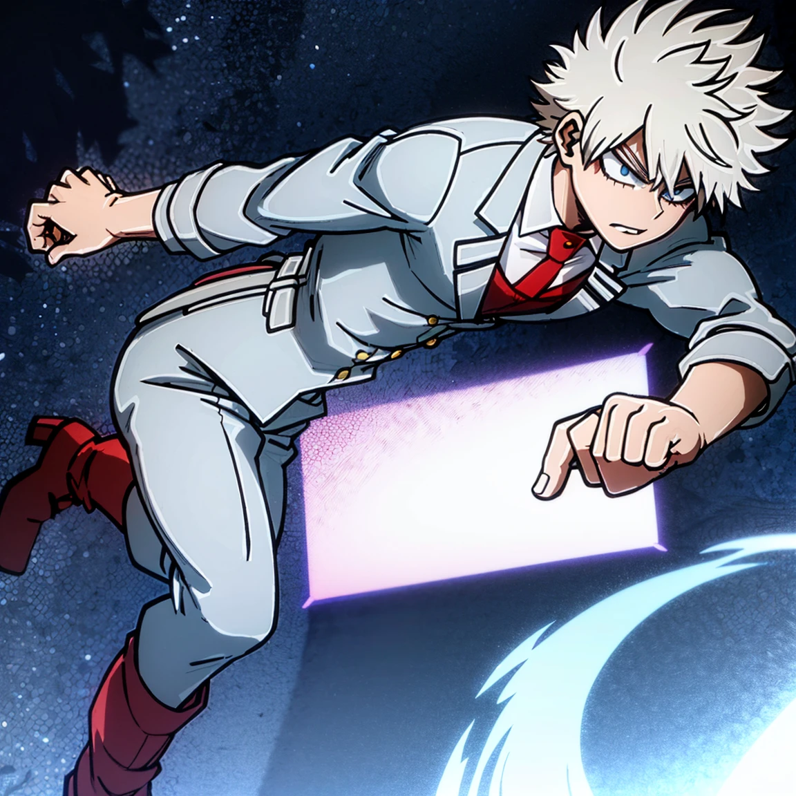 1boy, male focus, solo, muscular body, short hair, spiky hair, white hair, blue eyes, gray jacket, red tie, white shirt, teal pants, boots, handsome 