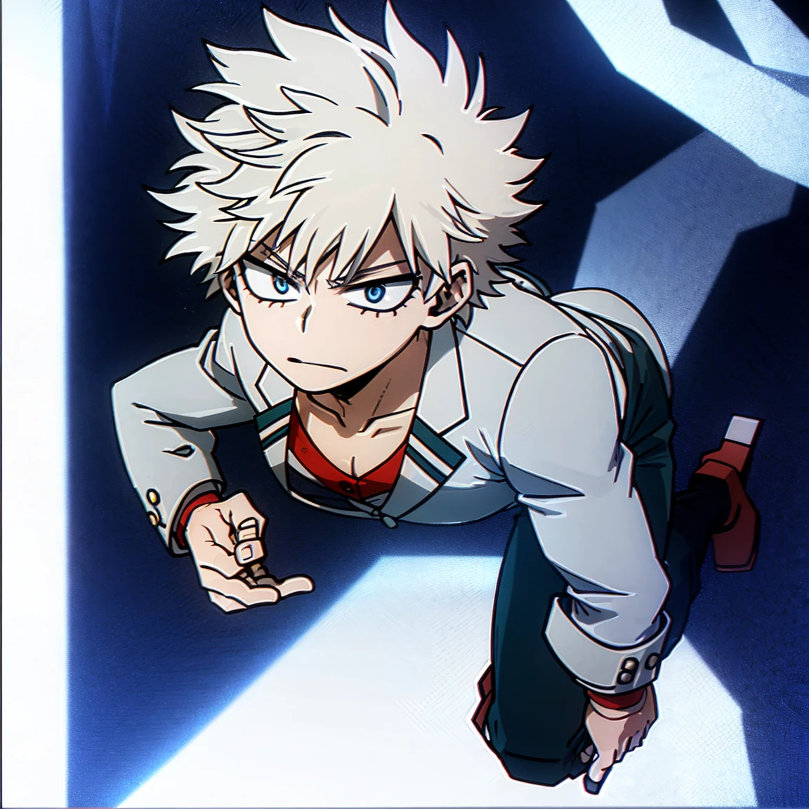 1boy, male focus, solo, muscular body, short hair, spiky hair, white hair, blue eyes, gray jacket, red tie, white shirt, teal pants, boots, handsome 