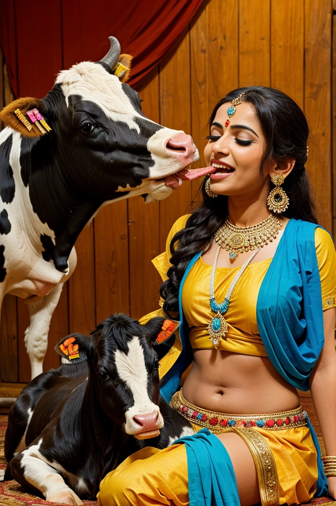 The cow is licking Krishna and Krishna is getting tickled