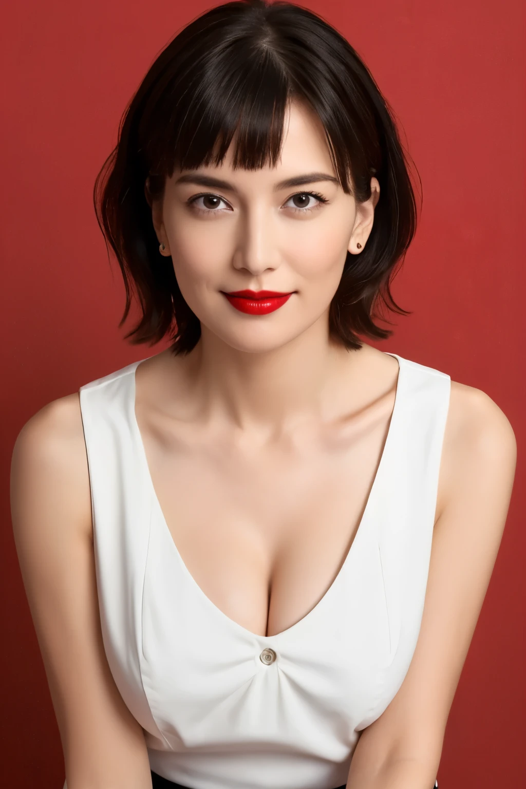 Tabletop, Highest quality, Realistic, Very detailed, finely, High resolution, 8k wallpaper, RAW Photos, Professional, High level of detail, 1 Girl, (((Black and white photography))), (((Red lips))), ((Looking into the camera)), (Stand straight facing the front), Plain background, Upper Body, short hair, Bob Hair, (Straight hair), Shapely breasts, Cleavage, (Sleeveless shirt)