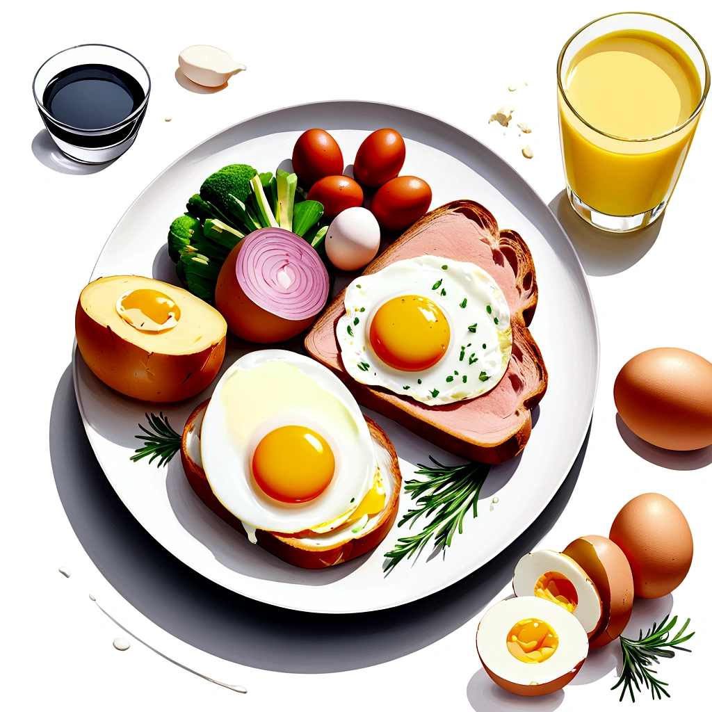 ((best quality)), ((masterpiece)), (detailed), loose water color style, minimalist, create a picture of healthy food on a plate. The food consist of, Eggs, bread, potatoes, glass of milk, meat, chicken meat, some vegetables, against brilliant white background, 8k, high resolution, vibrant color, isolated white