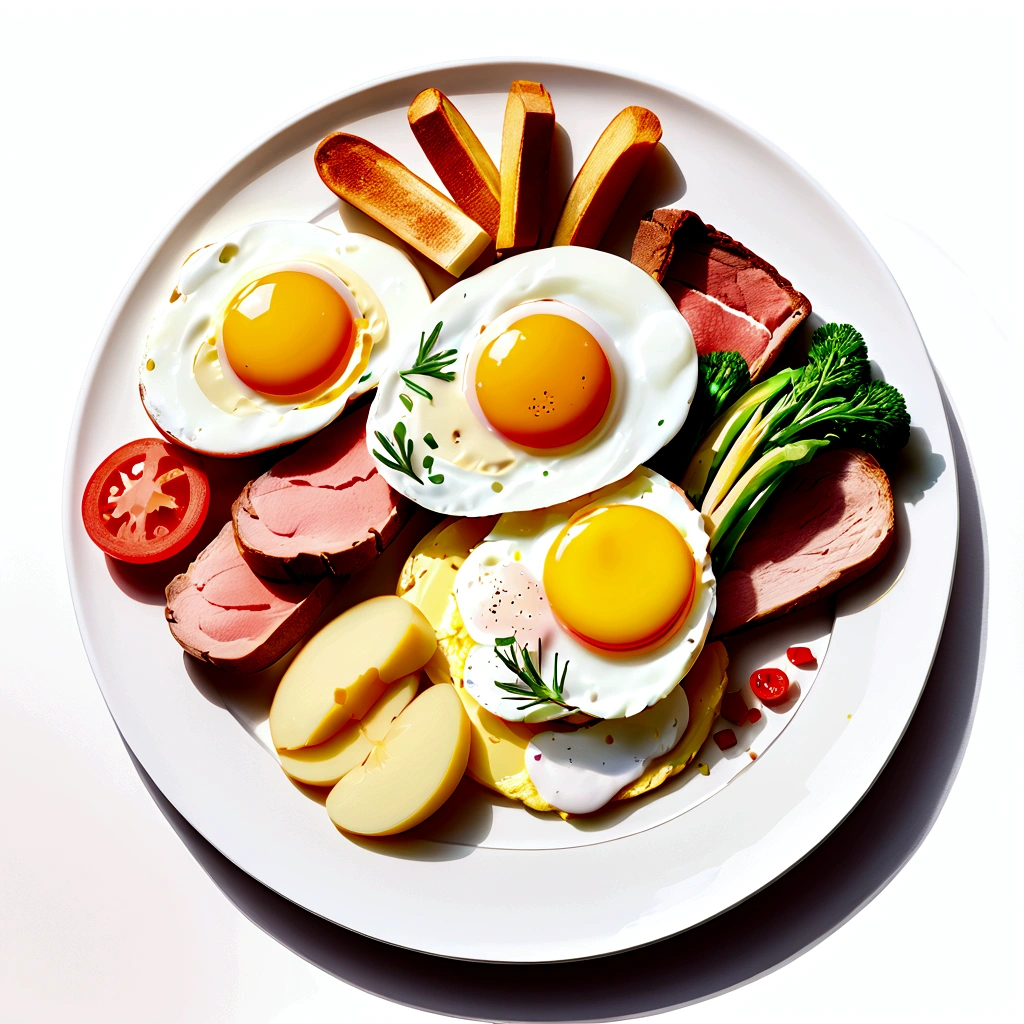 ((best quality)), ((masterpiece)), (detailed), loose water color style, minimalist, create a picture of healthy food on a plate. The food consist of, Eggs, bread, potatoes, glass of milk, meat, chicken meat, some vegetables, against brilliant white background, 8k, high resolution, vibrant color, isolated white