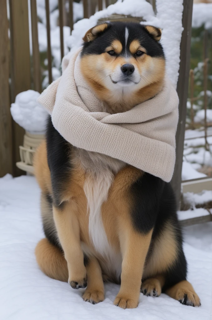 a Shiba Inu dog, adorned with a warm, orange scarf, sitting amidst a snowy environment. The dog appears to be enjoying the snowfall, with its eyes closed and a content expression on its face. Surrounding the dog are various objects, including a pot with a lid, some wooden utensils, and scattered autumn leaves. The overall ambiance of the image is serene and cozy, capturing the essence of a peaceful autumn day.