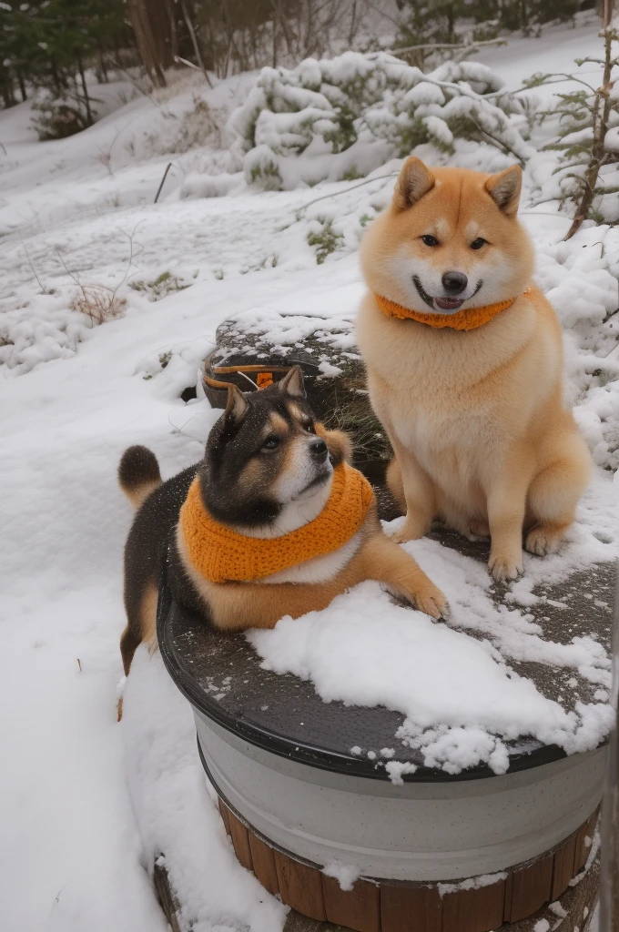a Shiba Inu dog, adorned with a warm, orange scarf, sitting amidst a snowy environment. The dog appears to be enjoying the snowfall, with its eyes closed and a content expression on its face. Surrounding the dog are various objects, including a pot with a lid, some wooden utensils, and scattered autumn leaves. The overall ambiance of the image is serene and cozy, capturing the essence of a peaceful autumn day.