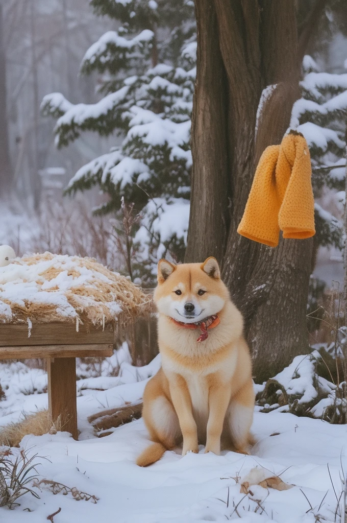 a Shiba Inu dog, adorned with a warm, orange scarf, sitting amidst a snowy environment. The dog appears to be enjoying the snowfall, with its eyes closed and a content expression on its face. Surrounding the dog are various objects, including a pot with a lid, some wooden utensils, and scattered autumn leaves. The overall ambiance of the image is serene and cozy, capturing the essence of a peaceful autumn day.